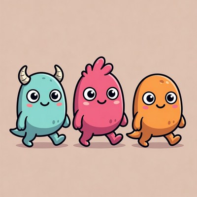 Cute Walking Monsters Illustration