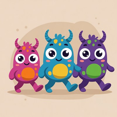 Three Cute Cartoon Monsters Walking