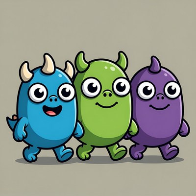 Three Cute Cartoon Monsters Walking