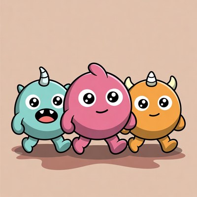 Three Cute Cartoon Monsters Walking