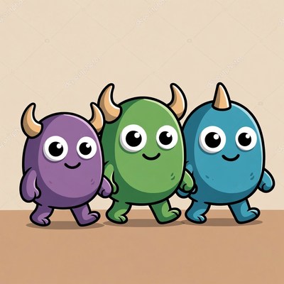 Three Cute Horned Monsters Walking