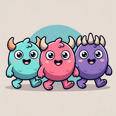 Three Cute Cartoon Monsters Walking