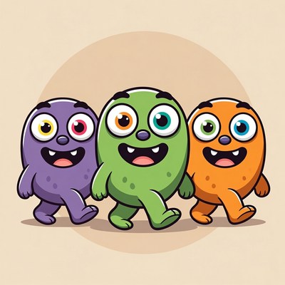 Three Cute Cartoon Monsters Walking