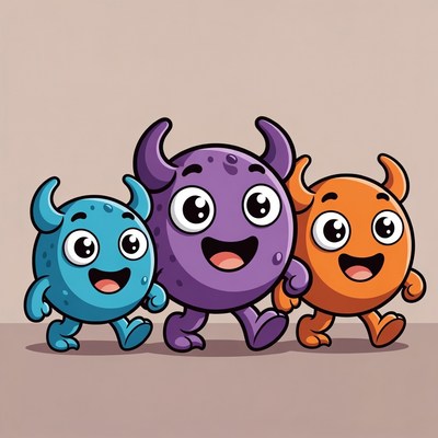 Three Cute Horned Monsters Walking