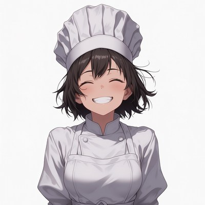 Anime girl chef smiling with toque