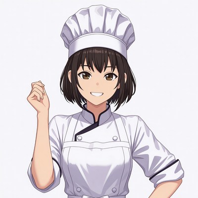 Anime girl chef smiling with raised hand