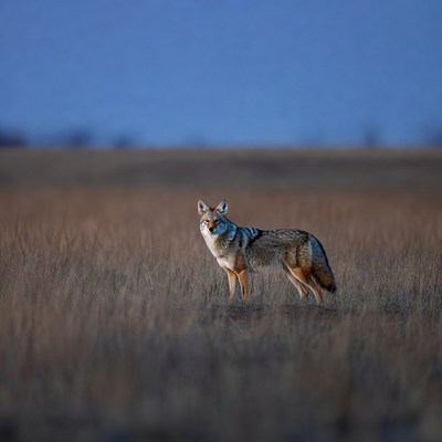 Coyote standing in dry grass field
