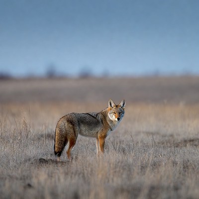 Coyote standing in dry grass field