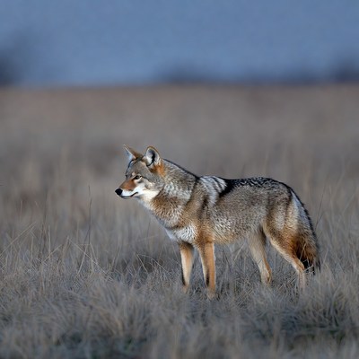Coyote standing in dry grass field