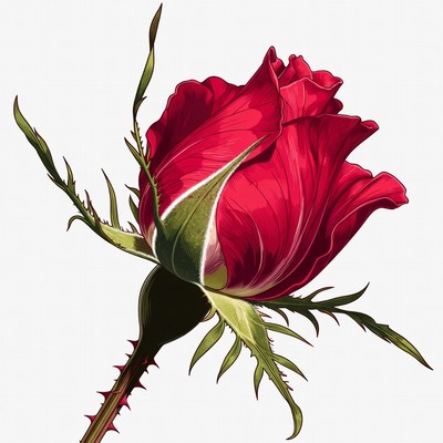 Red Rose with Stem and Thorns
