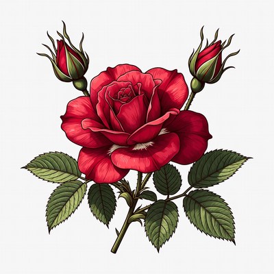 Red Rose with Buds Illustration