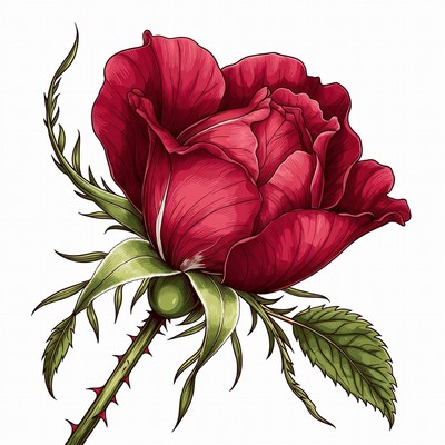 Red Rose with Stem and Leaves