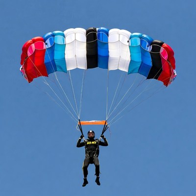 Army man skydiving with colorful parachute