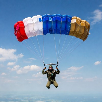 Soldier parachuting with French flag canopy