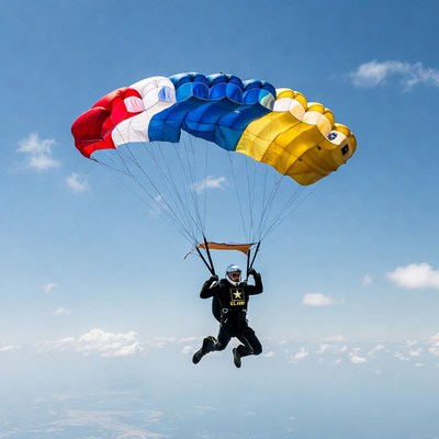 Skydiver with multicolored parachute