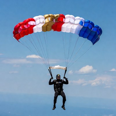 Skydiver with American flag parachute