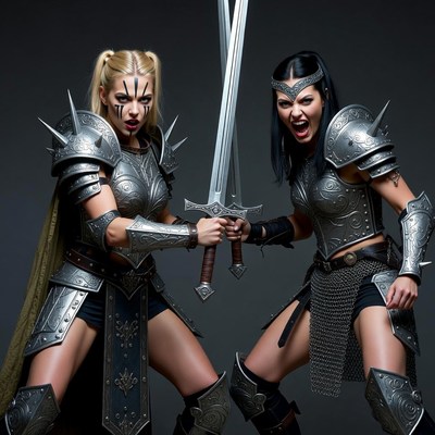 Two Blonde and Brunette Warrior Women with Swords