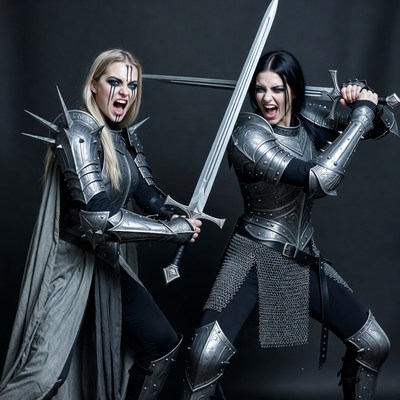 Two Blonde and Brunette Warrior Women with Swords
