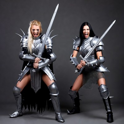 Two Blonde Brunette Warrior Women Swords