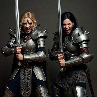 Two fierce women warriors with swords