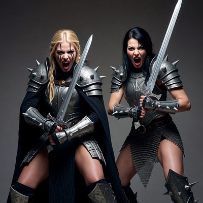 Two fierce women warriors with swords