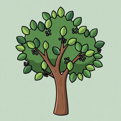 Cartoon Tree with Green Leaves and Berries