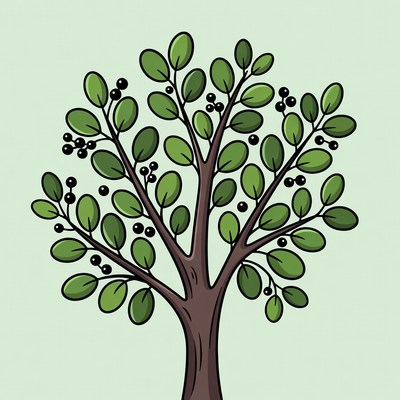 Green Tree with Black Berries Illustration