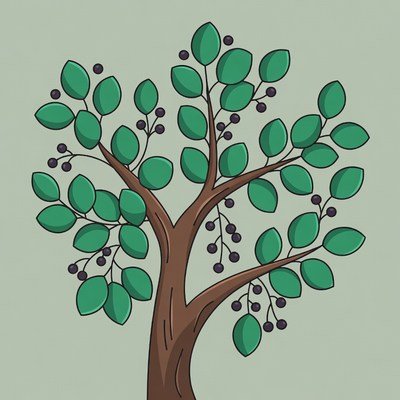 Cartoon green tree with purple berries