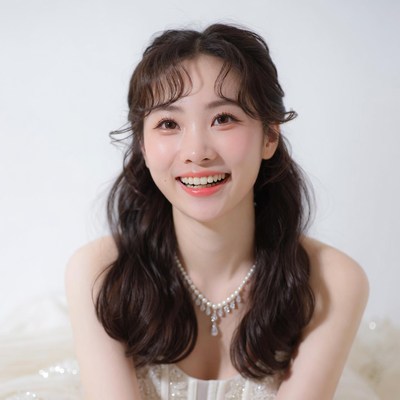 Asian woman smiling in white dress