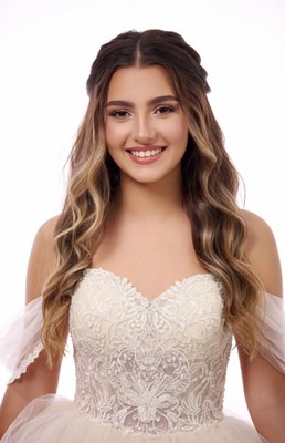 Smiling bride in lace wedding dress