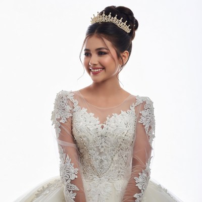 Asian woman in white lace wedding gown