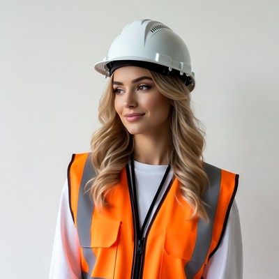 Blonde woman in hard hat and vest