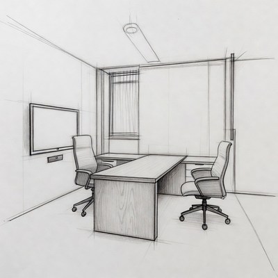 Modern Office Sketch with Desk Chairs