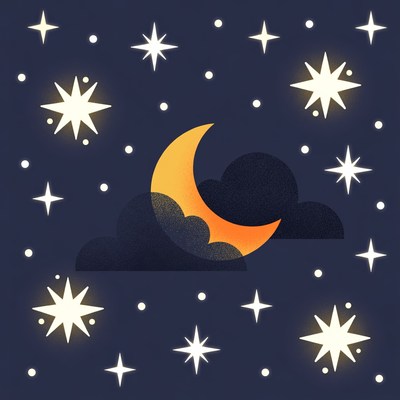 Crescent Moon with Stars and Clouds