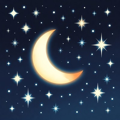 Glowing Crescent Moon and Stars