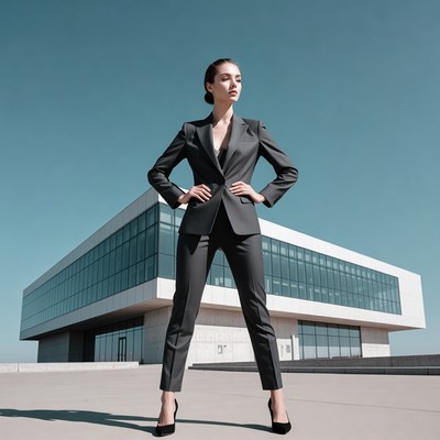 Confident woman in suit outside modern building