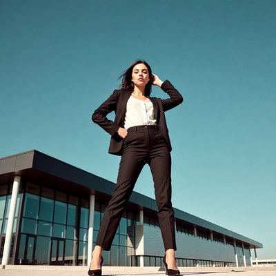 Confident woman in black suit outdoors