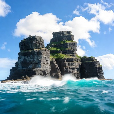 Ocean Waves Crashing Against Towering Rock Formation