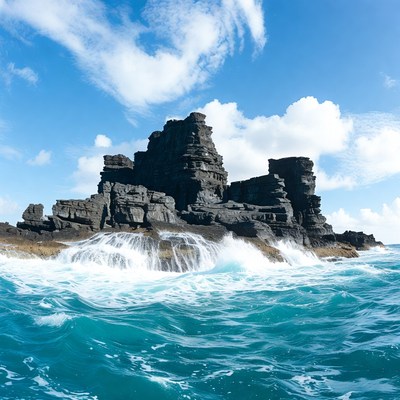 Rocky Island with Crashing Waves