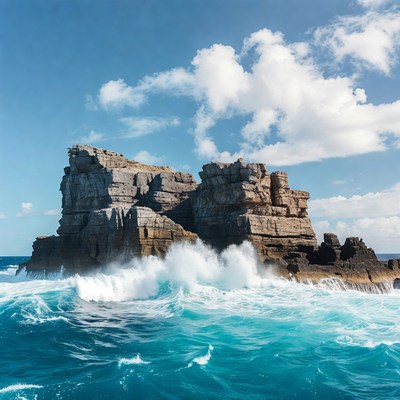 Ocean Waves Crashing Against Rocky Island