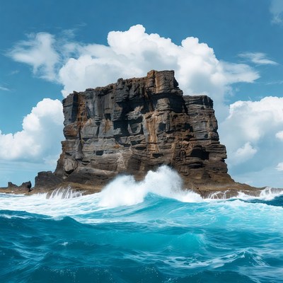 Towering Rock Formation Crashing Waves