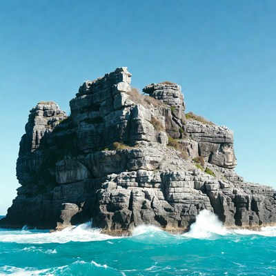 Rocky Island in Turquoise Ocean Waves