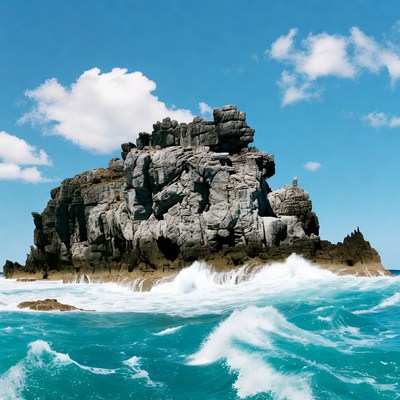 Rocky Island in Ocean Waves