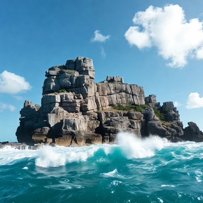 Rocky Sea Stack with Crashing Waves
