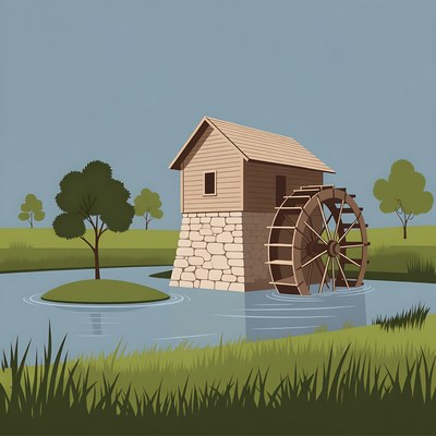 Waterwheel Mill by River