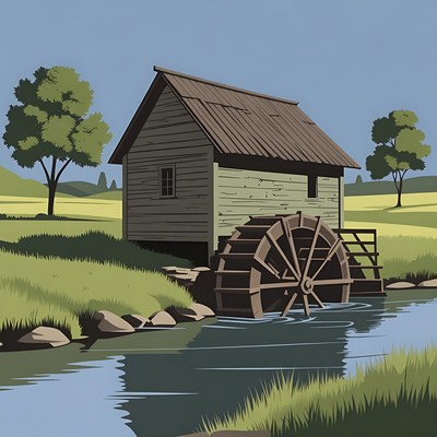 Watermill by river with trees