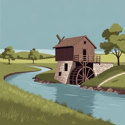 Watermill by River Illustration