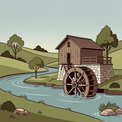 Watermill by River in Countryside