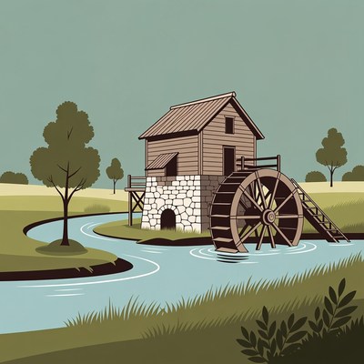 Water Mill by River Illustration