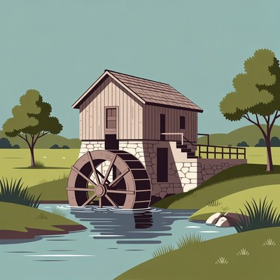 Watermill by river and trees